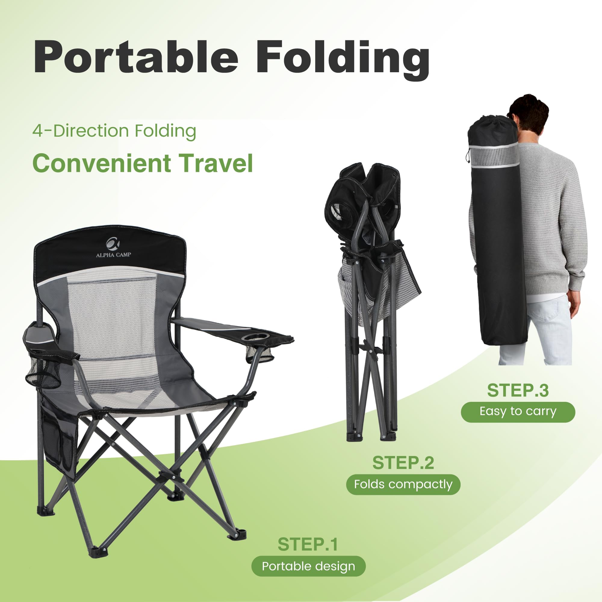 LET'S CAMP Siatkowe oparcie krzesło kempingowe, przenośne, składane, wytrzymałe krzesło na zewnątrz, 150 kg, trwałe, duże krzesło z uchwytem na kubek i torbą do przenoszenia, na kemping, wędkowanie,
