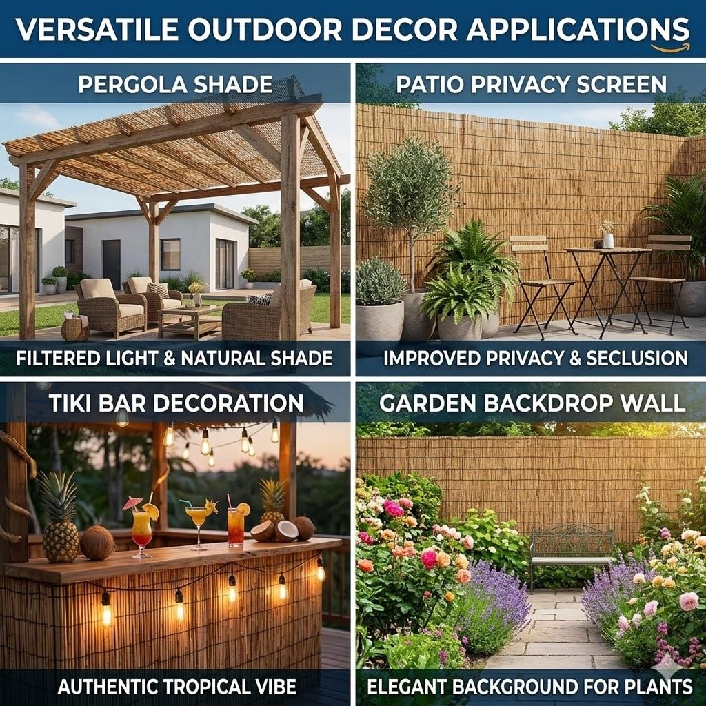 Canisse en Roseau Naturel, Brise-Vue pour Jardin Balcon Terrasse, Clôture Bambou Extérieur, Rouleau d'Occultation Totale, Protection Intimité et Vent, Écologique, 1x5m 1.8x10m(Natural,H100xL200cm)