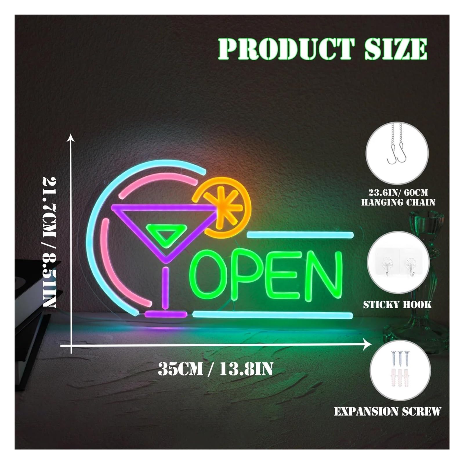 Wiszące neony artystyczne Neon Z Napisem "OPEN"LED, Dekoracja Ścienna, Ściemniacz USB, Do Barów, Sklepów, Imprez, 35 X 21,7 Cm