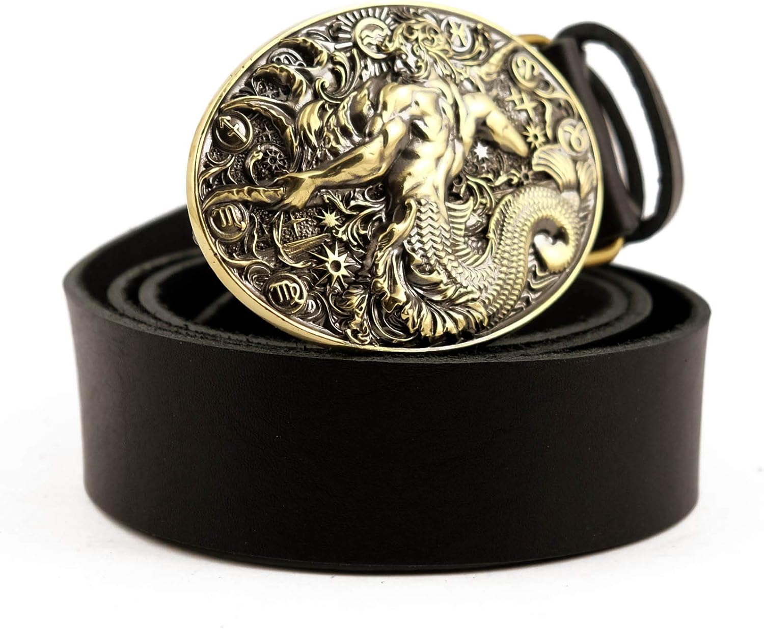 Leather belt with Aquarius belt buckle, Aquarius Horoscope Astrological Zodiac Sign solid brass belt buckle on leather belt