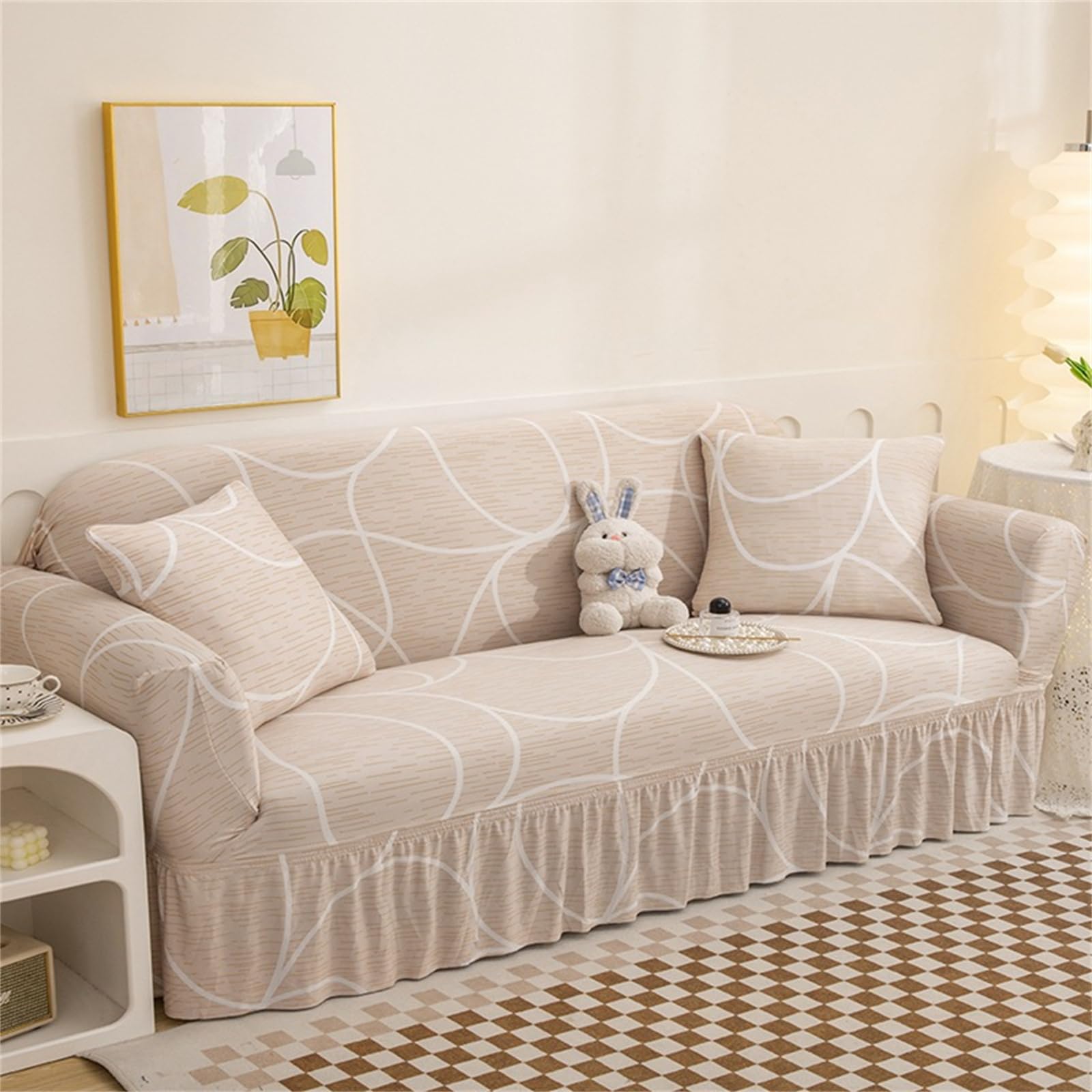 Hearda High Stretch Sofa Covers 1/2/3/4 Seater, Elastic Non Slip Sofa Slipcover Washable Universal Soft Couch Sofa Cover with Skirt (3 seats,Beige Abstract)
