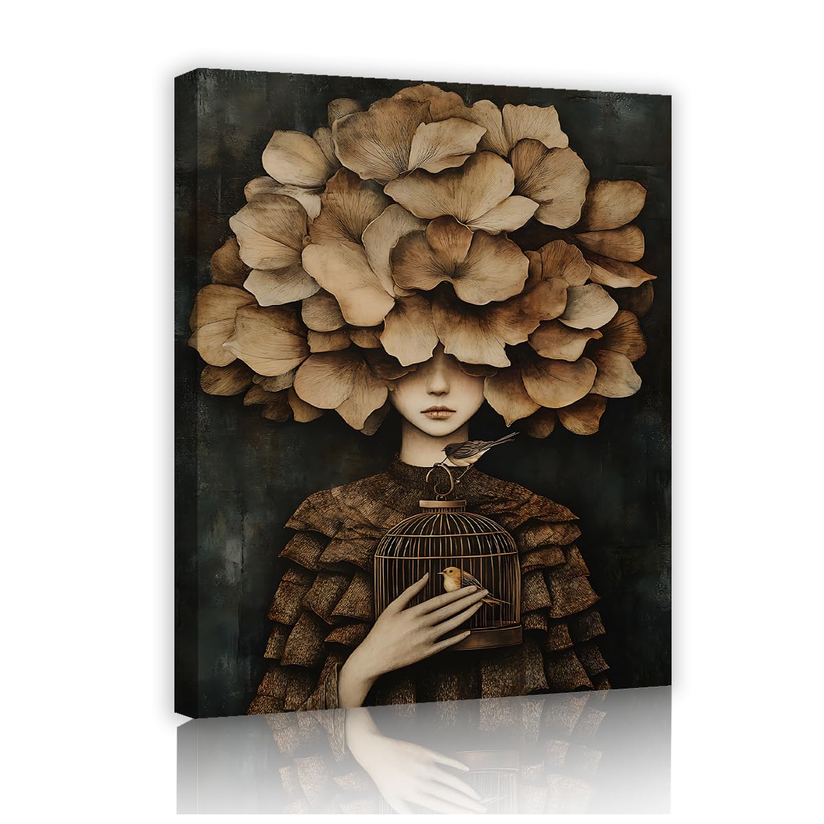 YUNART Vintage Dark Academy Wall Art Surrealismo Donna con foglie ginkgo Stampe di teste su tela Poster di pittura botanica antica Arredamento per la casa 75x95cm Telaio interno