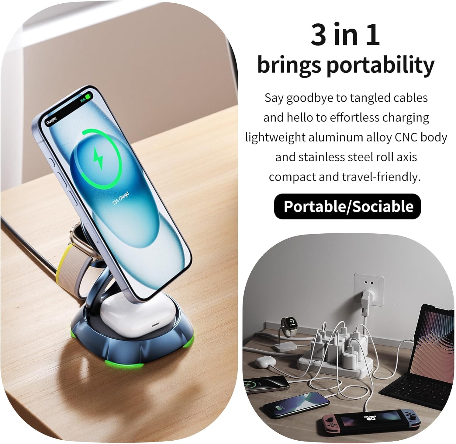 Foldable Wireless Charger for Apple,3 in 1 Charging Station, 20W Max Fast Charging, Foldable Wireless Charger for iPhone 16/15/14/13, Apple Watch S1-10/Ultra, AirPods-No Support Case