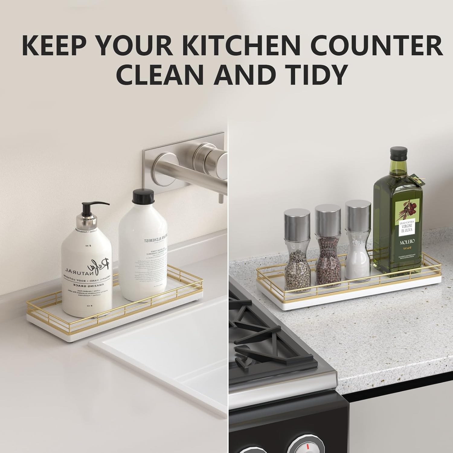 Bathroom Tray for Counter Top Organizer – Oak Wood Vanity Tray with Metal Frame for Dresser, Kitchen, Nightstand – Gold & White Decorative Storage - Image 4