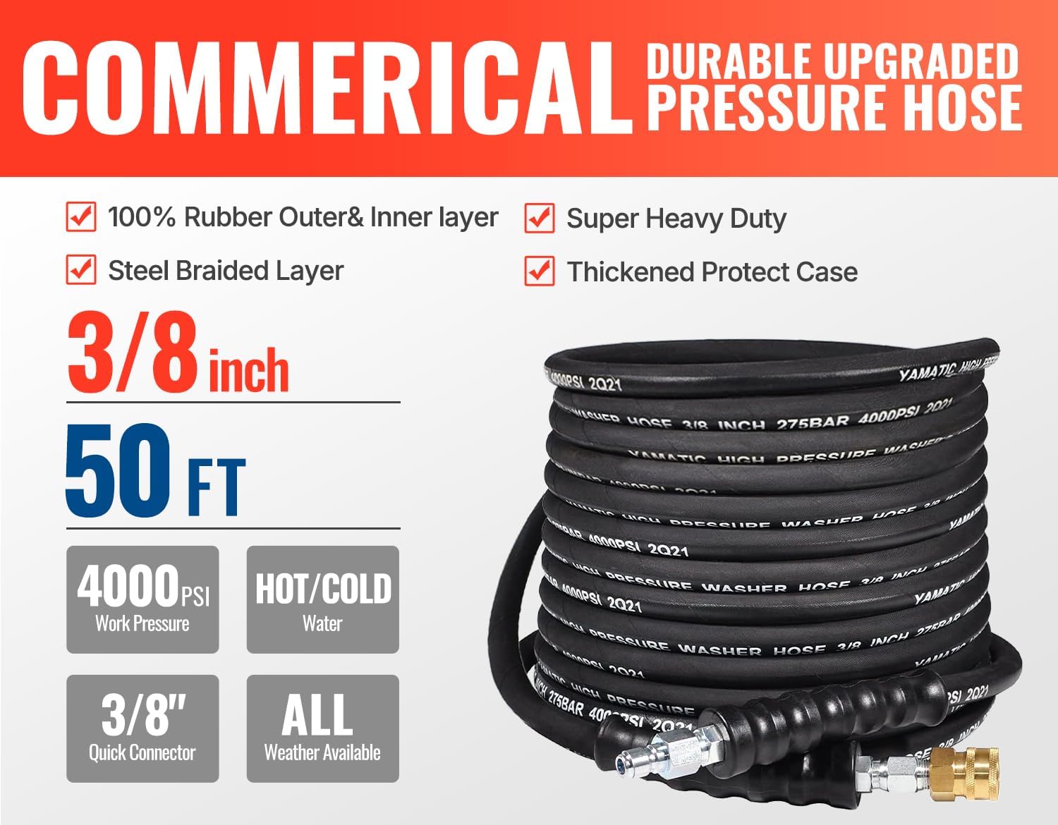 YAMATIC 3/8" Pressure Washer Hose 50FT, Swivel 3/8 Quick Connect, 4000 PSI Steel Braided Hot/Cold Water Power Washer Hose, Fits Honda, Simpson, Generac