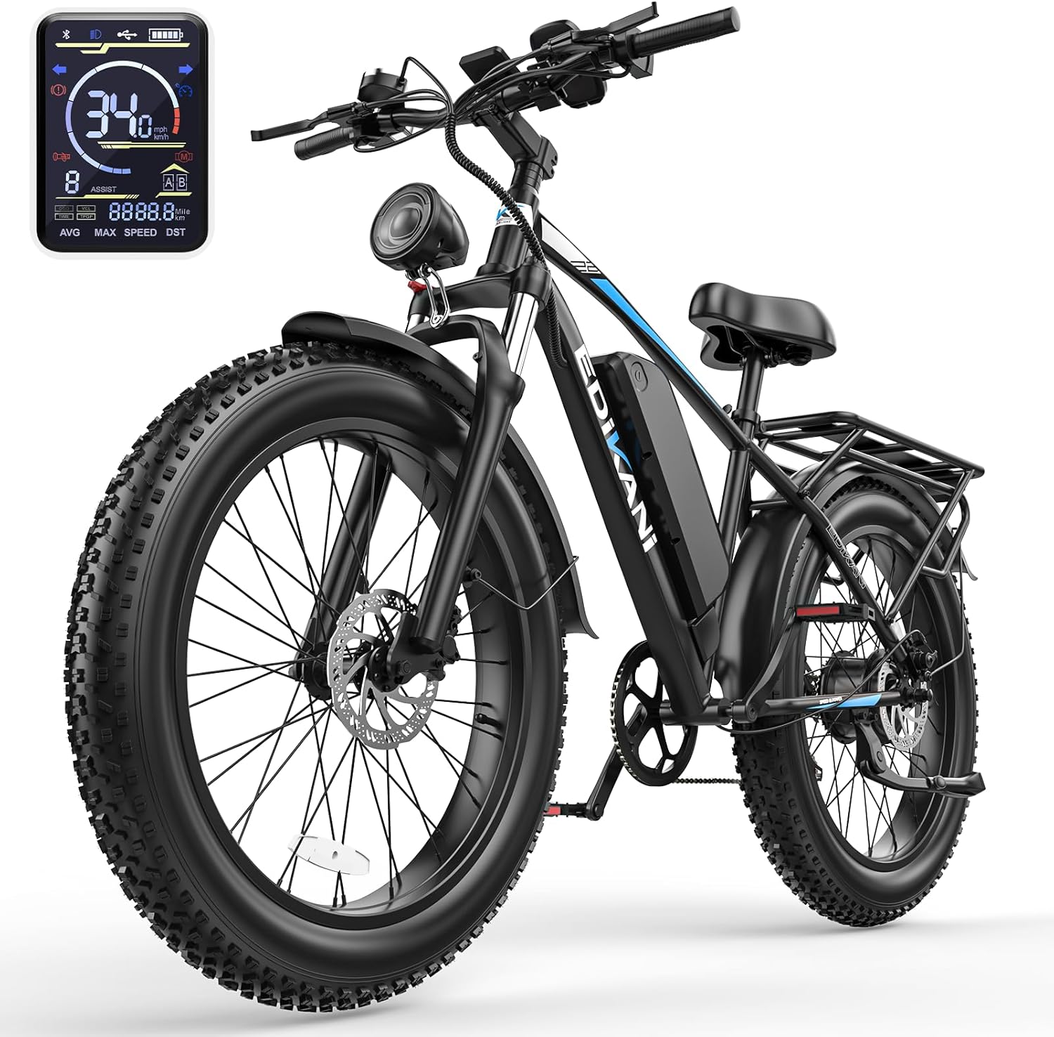 EDIKANI 26" Electric Bike for Adults, 90 Miles 34MPH Fast E Bike for Men, Peak 1500W Fat Tire Ebike for Adults Electric with 48V 864WH Removable Battery, ON/Off Road E Bicycle with Brake Light