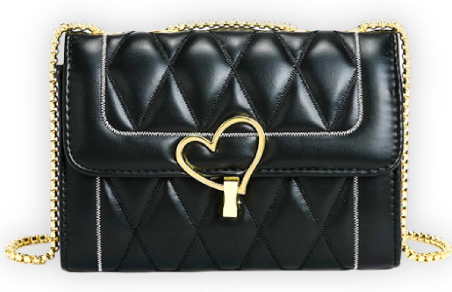 Small Quilted Crossbody Bag with Heart-Shaped Lock and Gold Chain and Phone Wallet Purse for Women Teens
