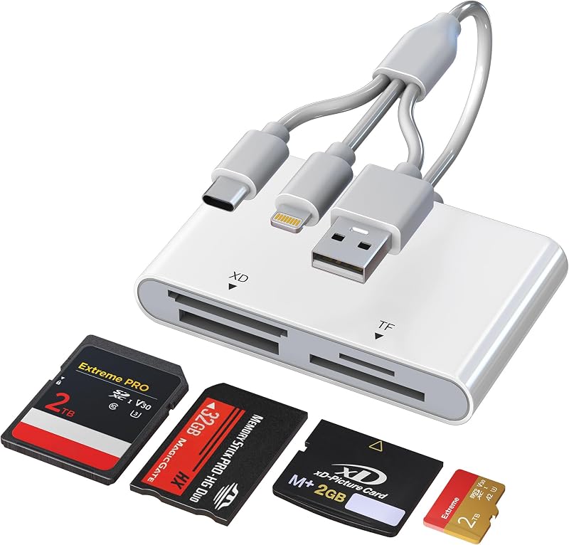 Memory Stick Pro Duo Adapter - 4in1 SD/TF/XD/MS Card Reader to USB C/Lightning/USB-A 3 Ports, Multi Memory Card Reader Plug & Play, Digital Camera Card Reader for iPhone 14/15/16/17/Android/Mac/PC/Pad