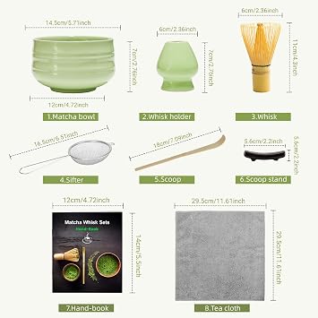 7Pcs Matcha Set,Matcha Tea for Making Breakfast/Latte,Whisk Set and Bowl with All Accessories,Gift for Lover,Light Green Bowl, Bamboo Stirrer