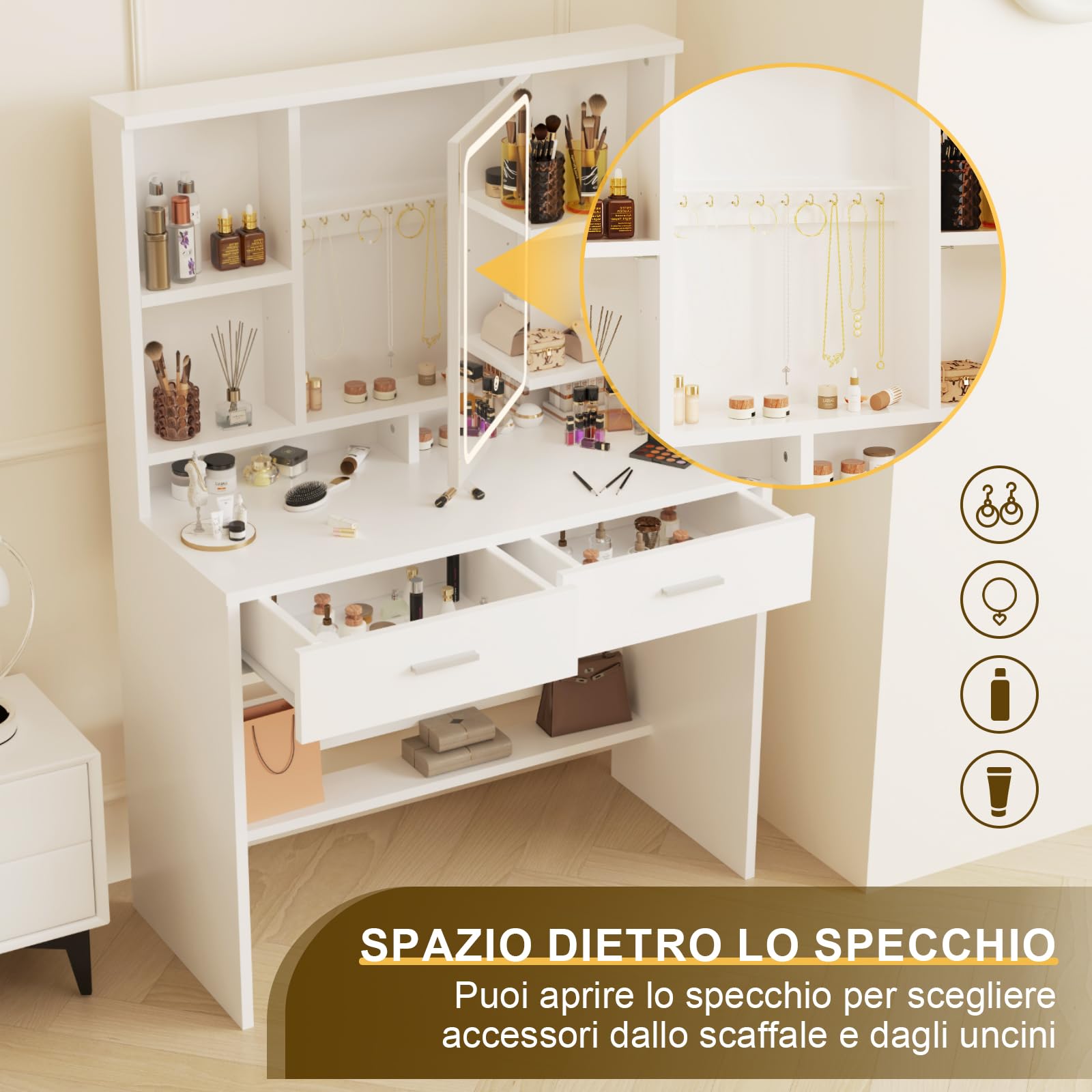 Airfish Toeletta da Trucco con Luci,3 Colori con Luminosità Regolabile,Postazione Trucco con Sgabello,Tavolo da Trucco con 2 Cassetti, Moderno Bianco