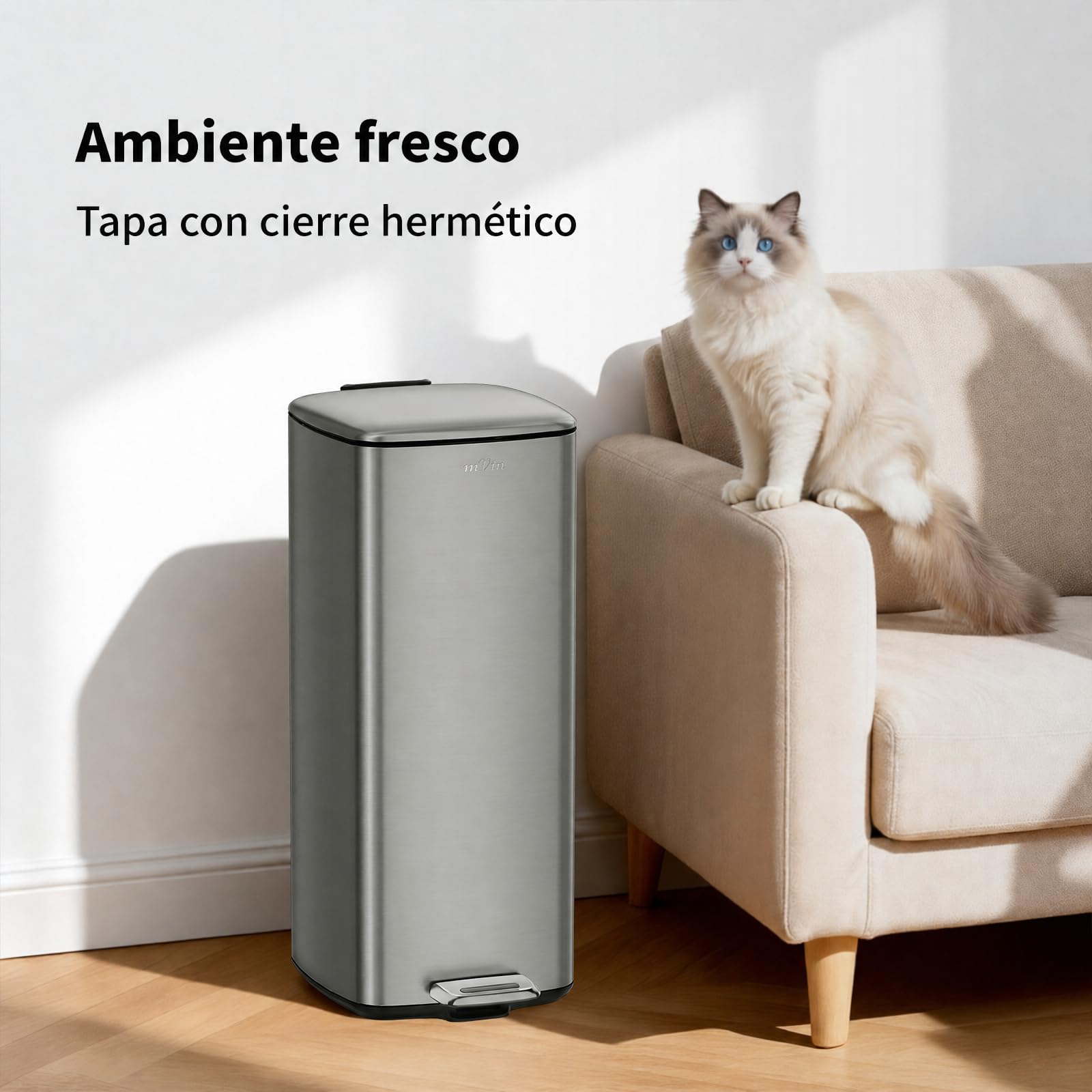 mVm Papelera de Cocina Slim de Acero Inoxidable, 30L Diseño Rectangular Alto y Estrecho, Tapa Fina con Cierre Suave, Cubo Interior Extraíble, Pedal Antideslizante, 4 Colores Gris