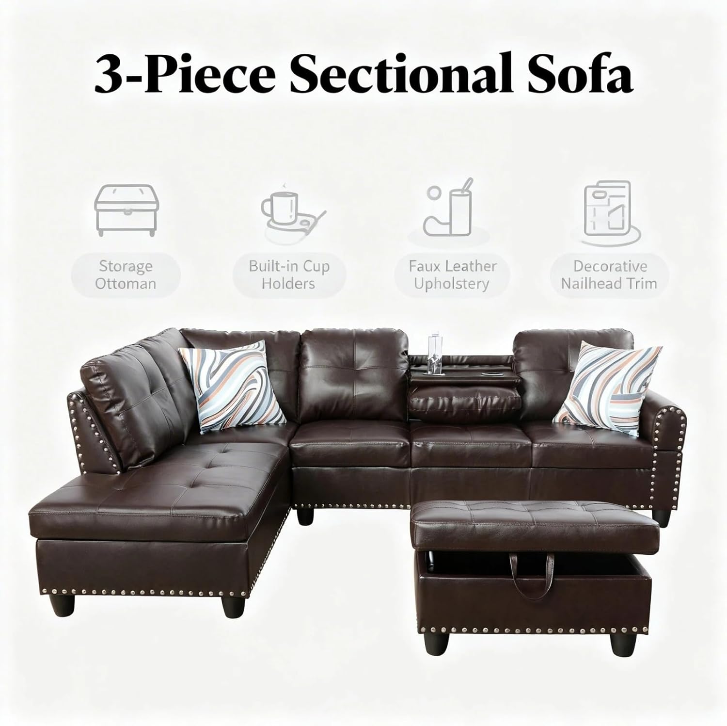 97.5 inch L-Shape Sofa with Storage Ottoman & Reversible Coffee Table, Leather Sectional Couch with Left Chaise, Modern 3-Piece Sofa Set, Upholstered Couch Set with Solid Wood Frame, Brown