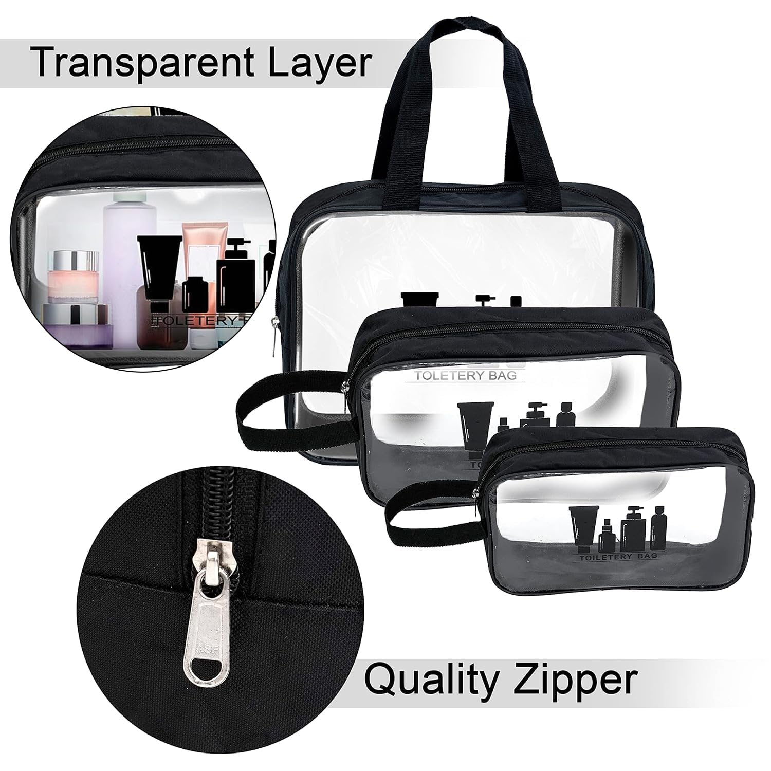 Storite Lot de 3 trousses de toilette transparentes polyvalentes pour homme et femme – Pochette de voyage pour maquillage, trousse de maquillage – Organiseur de voyage pour articles de toilette (noir,