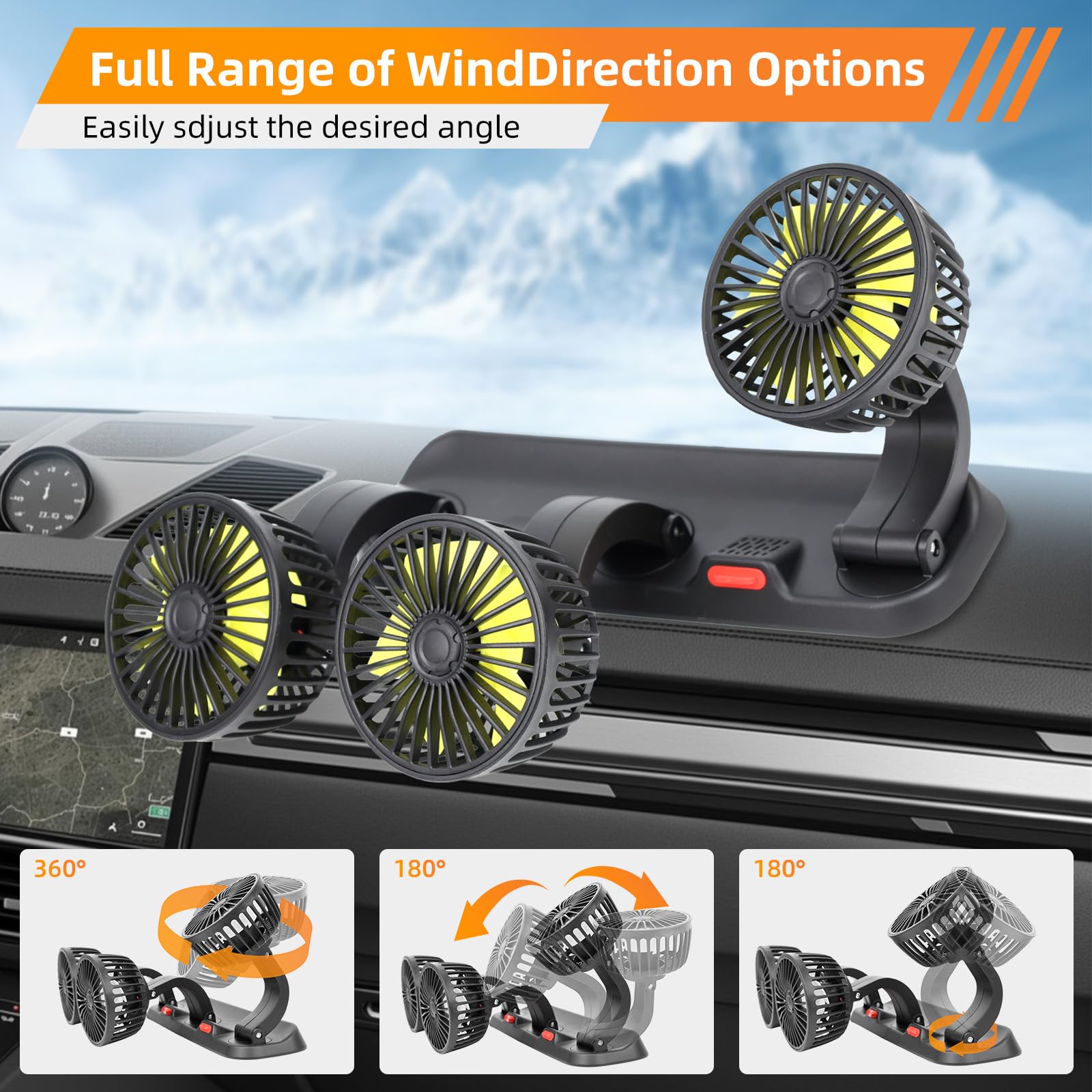 Baceyong 5V/12V/24V Ventola di raffreddamento per auto a tre teste con porta accendisigari/USB per camion, furgone, SUV, camper, barca, rotazione verticale regolabile a 360 ° orizzontale a 180 °