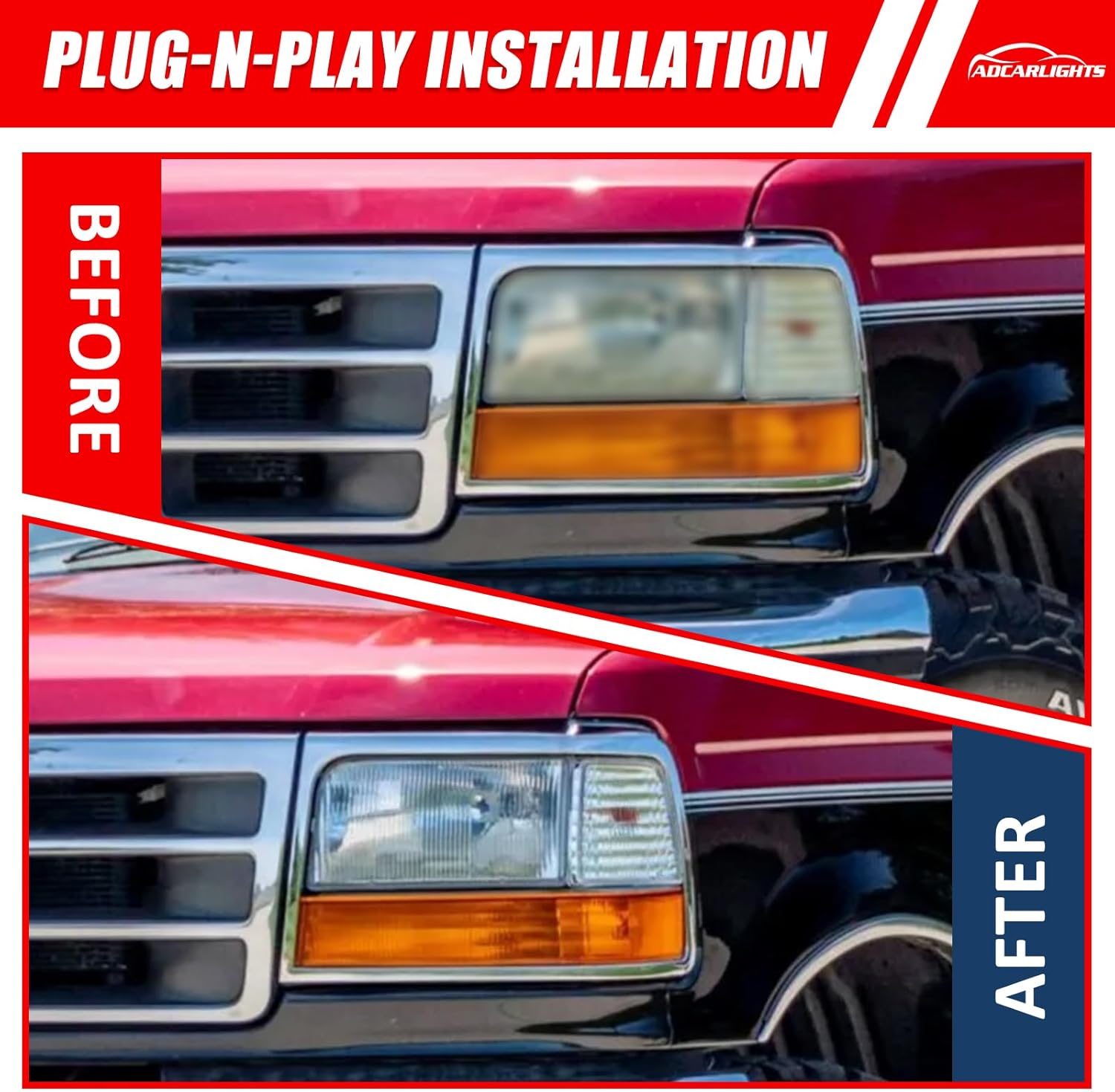 Headlight Assembly for 1992-1996 Ford Bronco 1992-1997 F Super Duty 1992-1997 F150 1992-1998 F250 F350 9th Generation Chrome Housing Amber Reflector Replacement W/O Bulbs