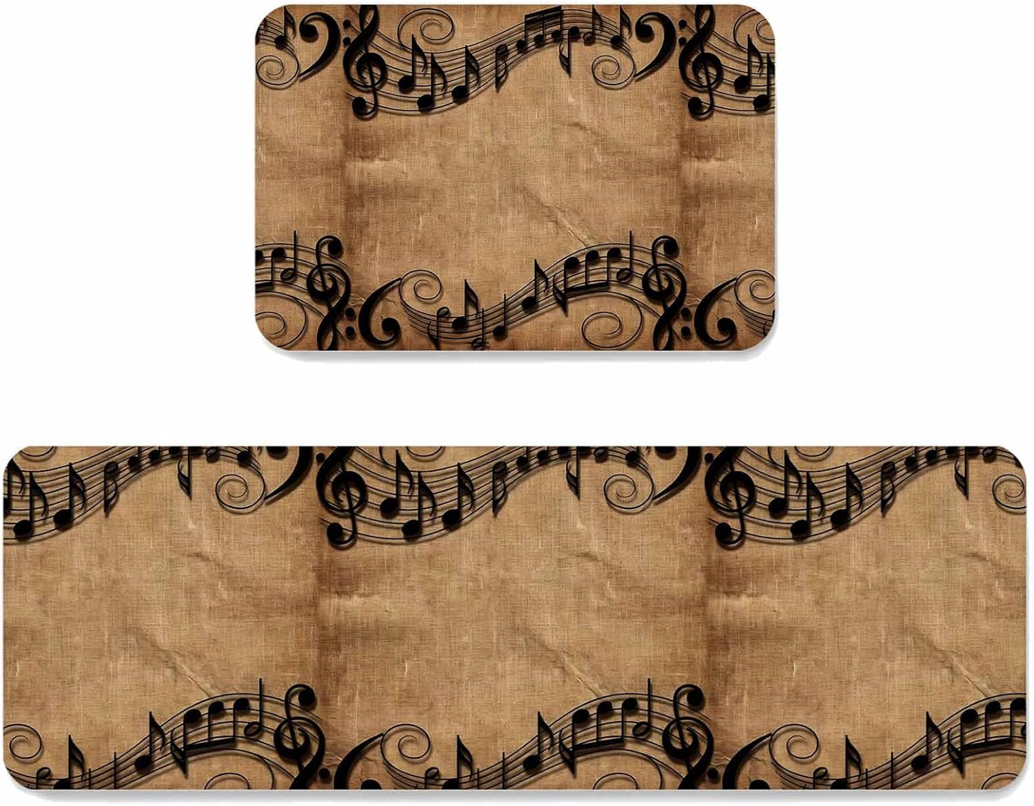 Prime Leader Musical Symbols Kitchen Mat Set 2 Pieces Musical Staff Retro Brown Background Modern Non Slip Kitchen Rugs Washable Runner Rug Mats for Sink Laundry (23.6" x 35.4"+23.6" x 70.9")