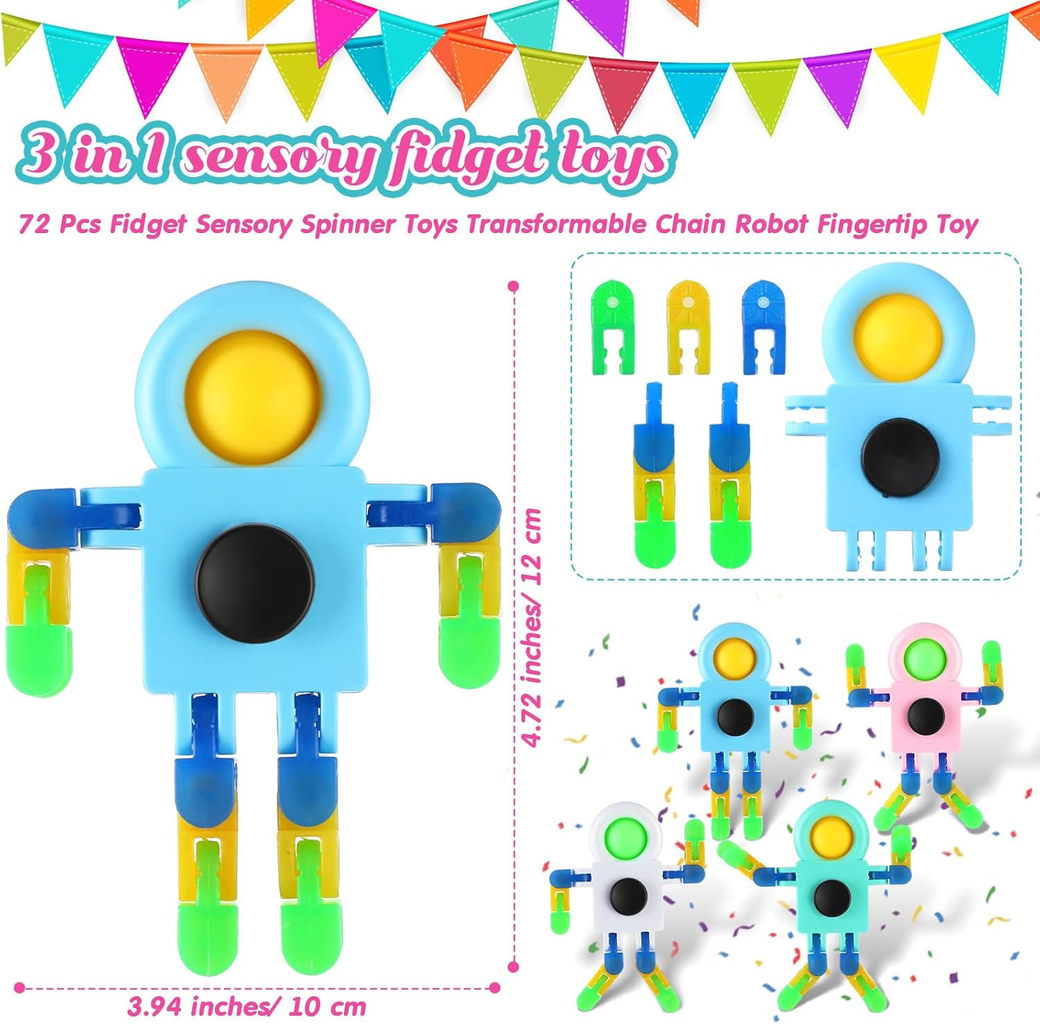 Shappy 72 Pcs Fidget Sensory Spinner Toys Transformable Chain Robot Fingertip Toy Sensory for Anxiety, Stress Relief ADHD Autism Pinata Goodie Bag Stuffers (Glowing Colors)
