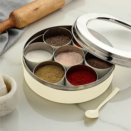 Miniatura 10 de DUDKI Homes - Caja de masala de acero inoxidable, caja de especias, Masala Dabba con organizador de cocina con tapa transparente con 7 recipientes y