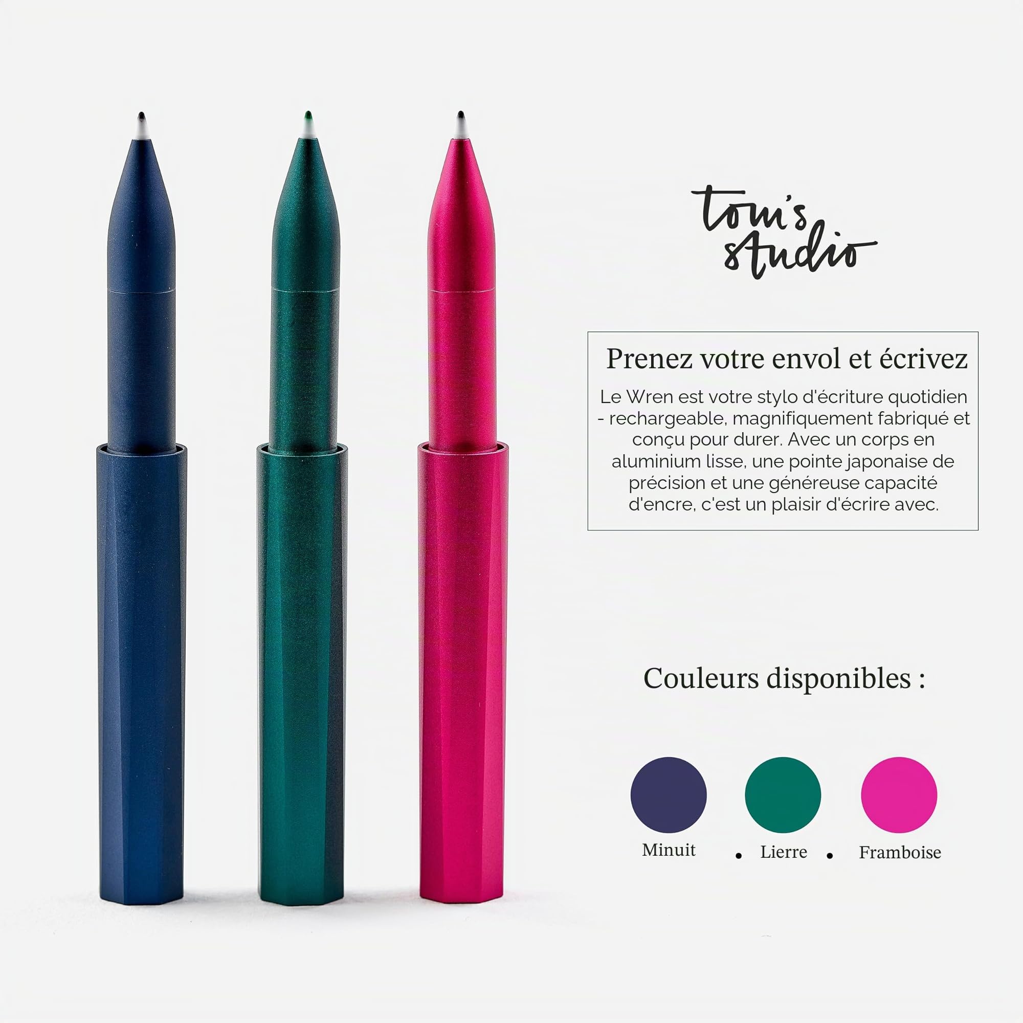 Tom's Studio The Wren – Stylo d'écriture rechargeable quotidien (minuit) | Pointe japonaise (0,3–0,5 mm) | Aluminium anodisé | Comprend un réservoir d'encre et 3 ml d'encre minuit | Cadeau compact