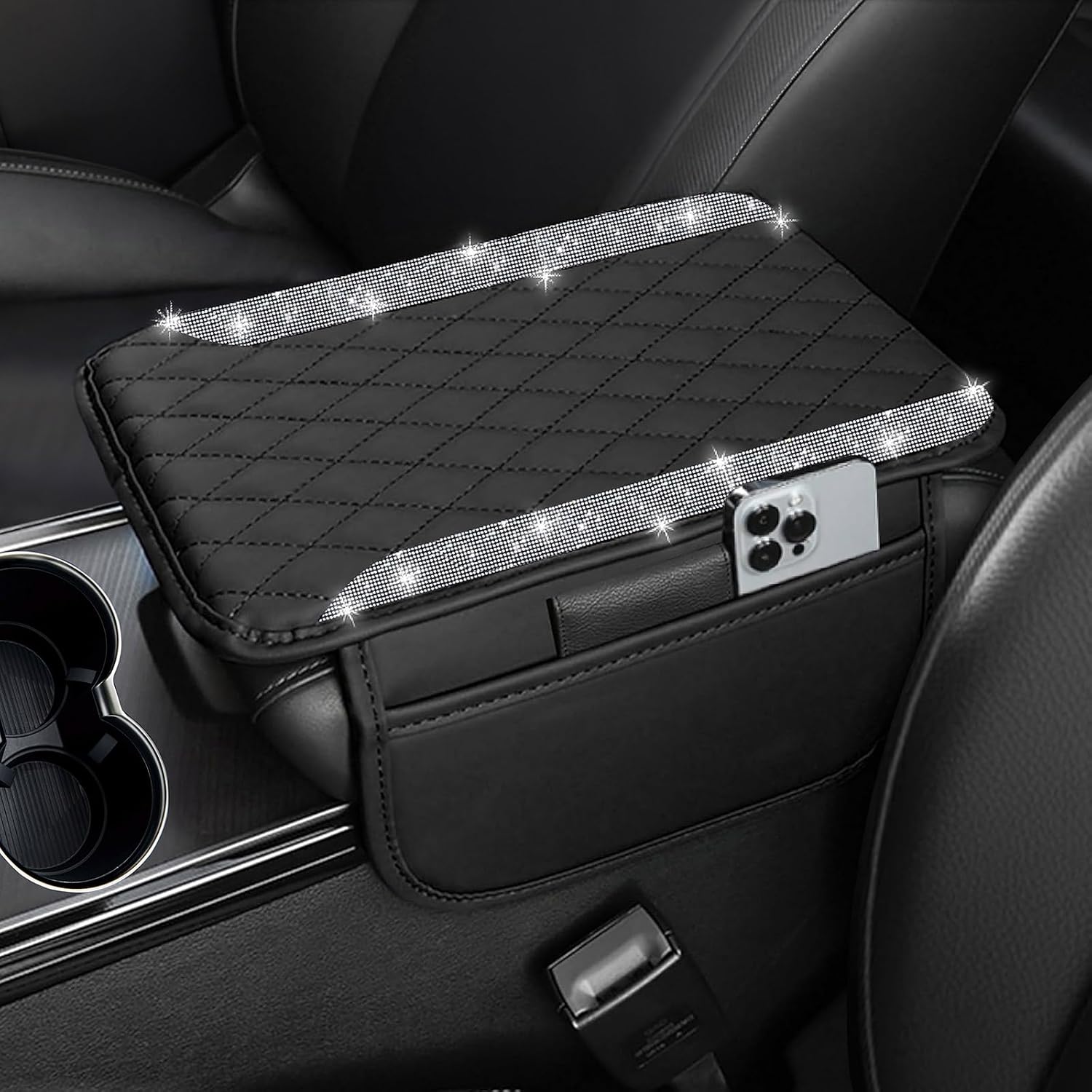 NBTEPEM Bling Car Center Console Armrest Cover, Microfiber Leather and Diamond Middle Console Cover with 2 Storage Bags, Bling Accessories Interior for Most Vehicles (Silver Diamond)
