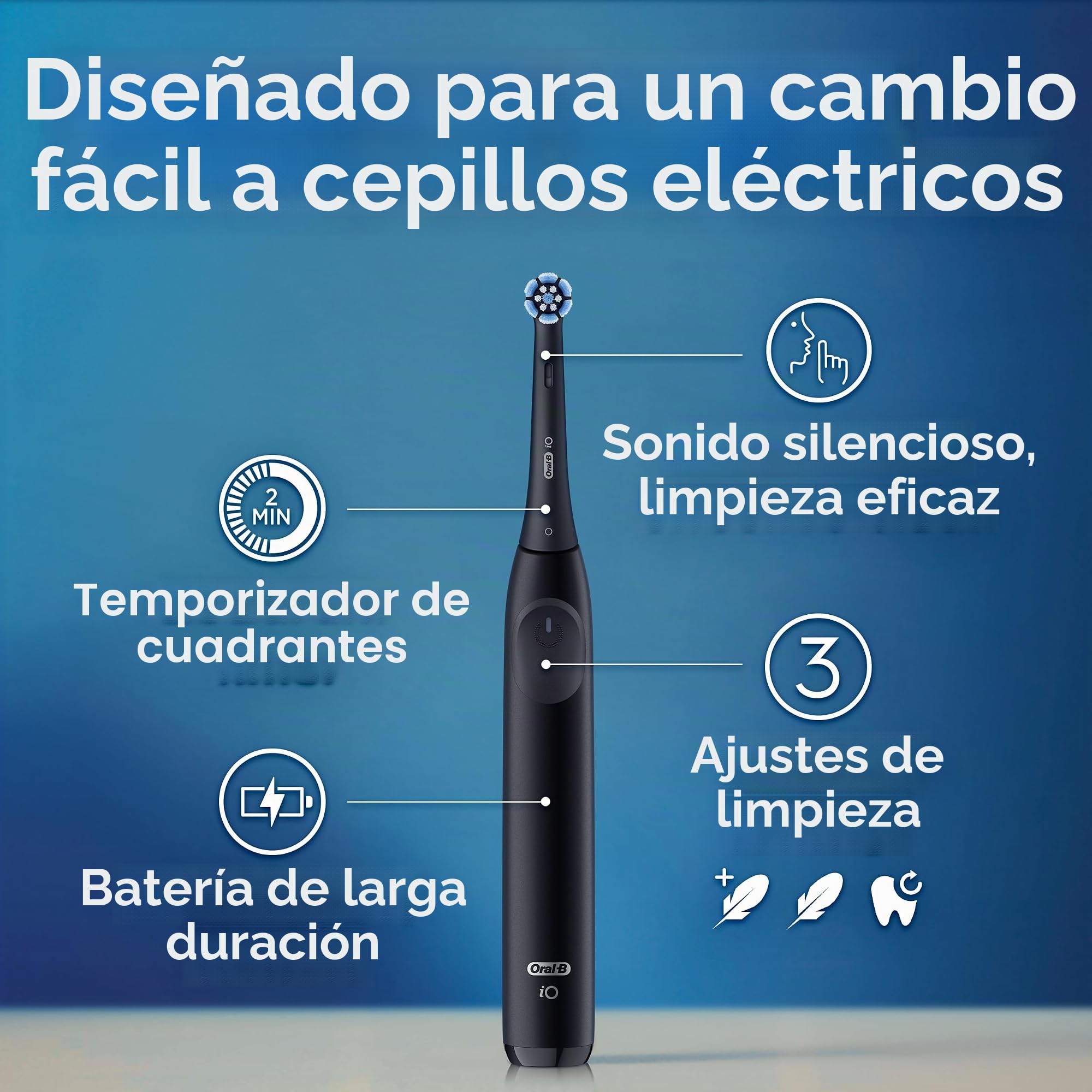 Oral-B iO Series 2 - Kit de inicio de cepillo de dientes eléctrico recargable, color negro noche con 2 cabezales de cepillo, sensor de presión automático para proteger las encías, 3 modos,