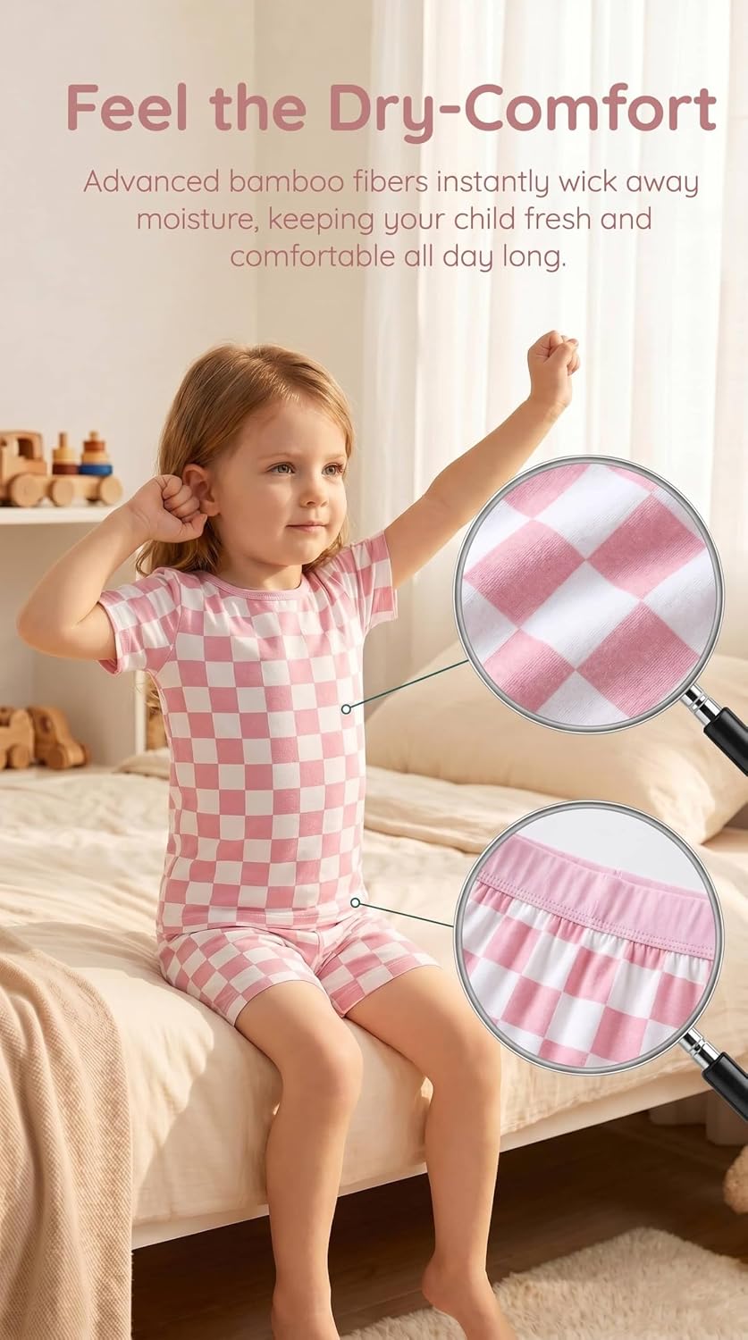 OPAWO Bamboo Pajamas Toddler Boy Clothes Checkered Tee and Shorts 2 Piece Summer Bamboo Baby Pajamas Sleepwear Pjs Set 12M-5T