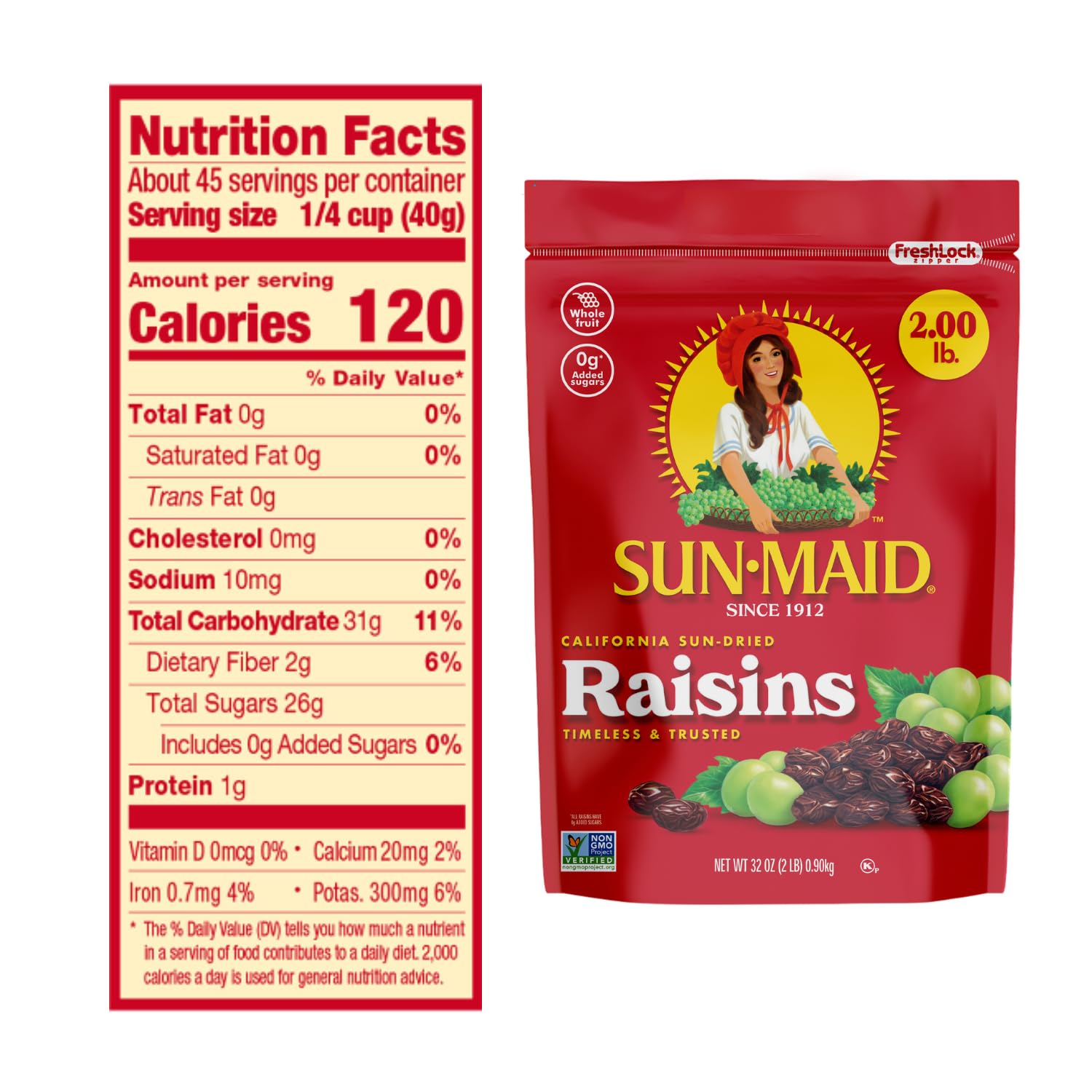 Sun-Maid Bundle California Sun-Dried Raisins (2 Pack) 32 oz Resealable Bag + Farmstand Reserve (24 Count Variety Pack) 0.8 oz Snack Bag, Whole Cranberries and Mixed Berries