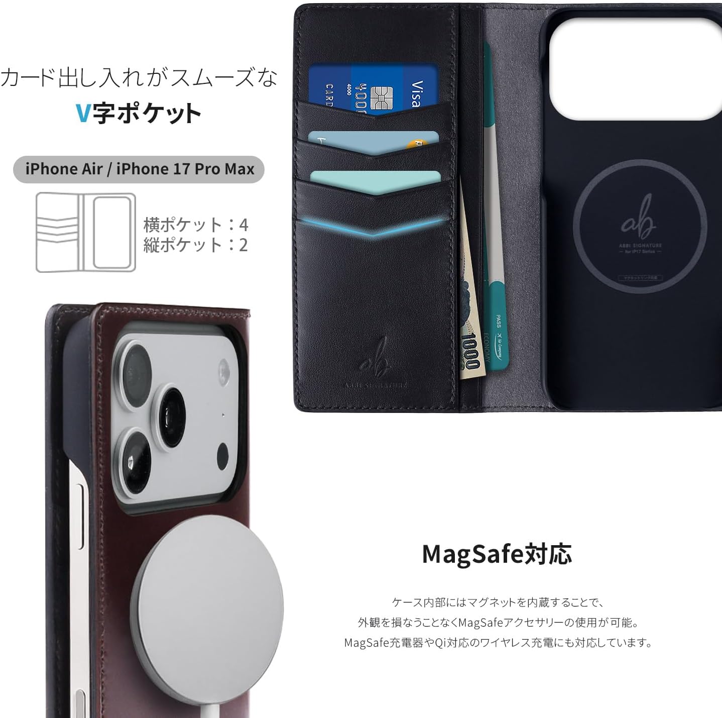 Abbi Signature iPhone 17 Pro Max Case, Made in Japan, Shell Cordovan Made in Japan, Material [Italian Horse Leather, Artisans Handstitched, MagSafe Compatible, Wireless Charging] Black ABS28183i17PM