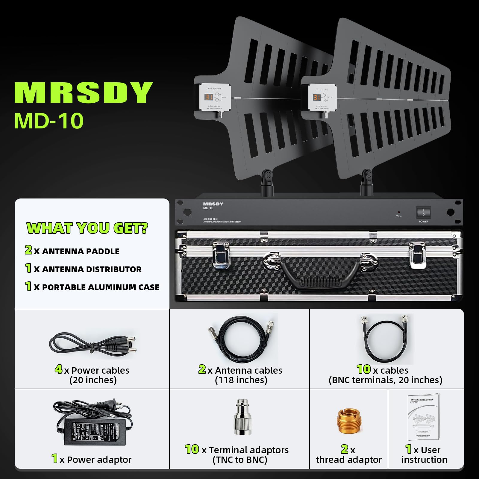 MRSDY MD-10 UHF Wireless Antenna Distribution System, Amplificatore di Segnale Microfono Senza Fili Regolazione del Guadagno Paddle Antenna Attiva, 8 Uscite + 2 Porte Cascata, Coperture Gamma di