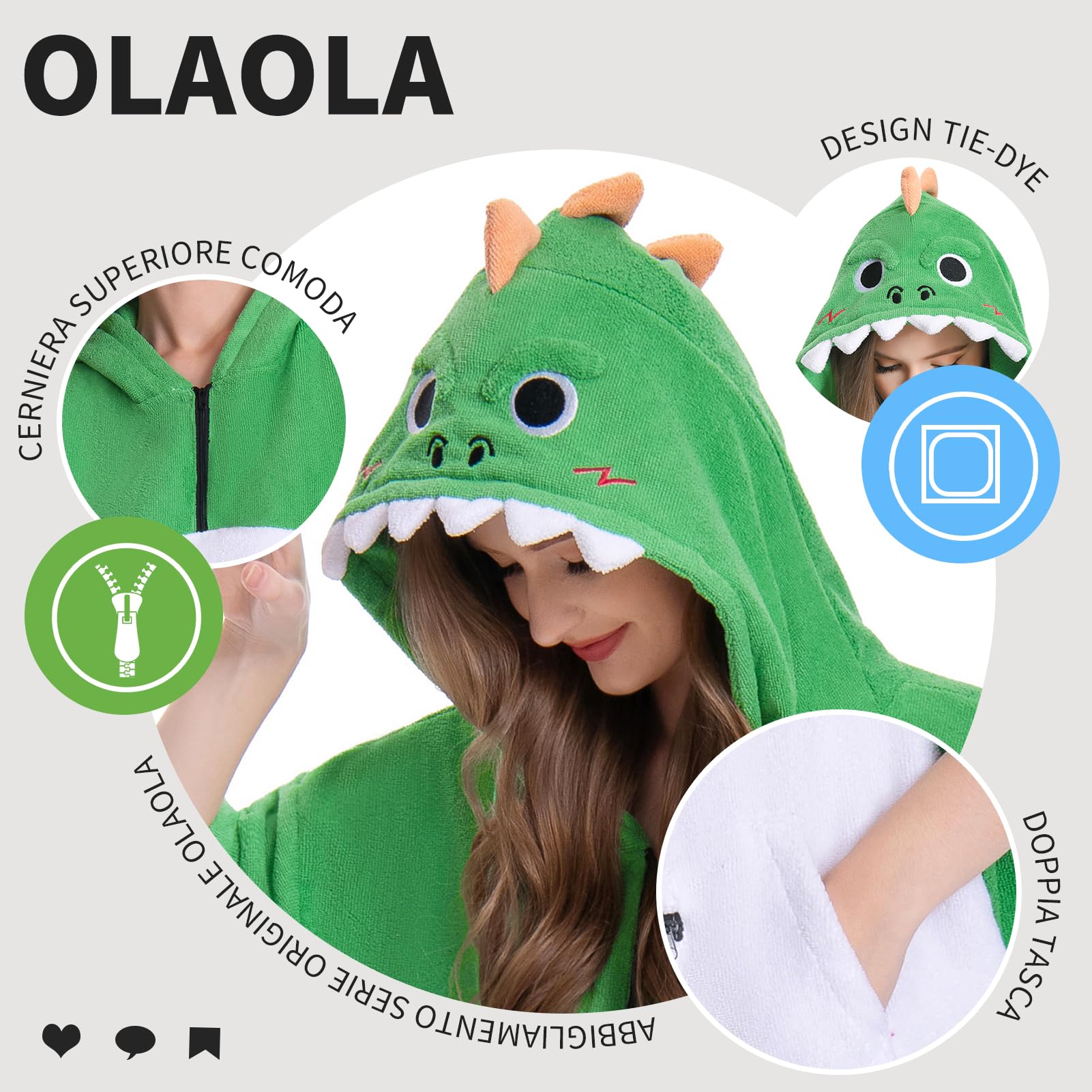 OLAOLA Surf Poncho per Adulti, Asciugamano da Bagno con Cappuccio e Tasca, Morbido Cambio Accappatoio Spiaggia, Asciugatura Rapida Asciugamani Poncho per Donne e Uomini (Dinosauro)