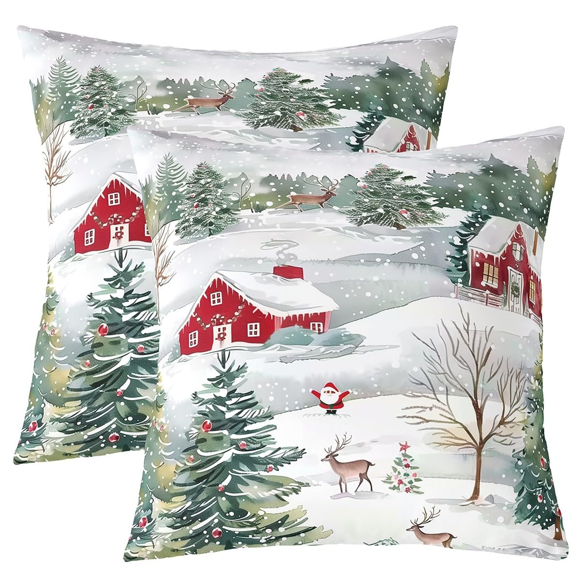 Manfei Christmas Tree Throw Pillow Covers (Pack of 2),Red Countryside Barn Cushion Cover for Girls Boys Teens Santa Claus Deer Pillow Cases Watercolor Winter Living Room Sofa Bed Decor,22" Lx22 W — image 1