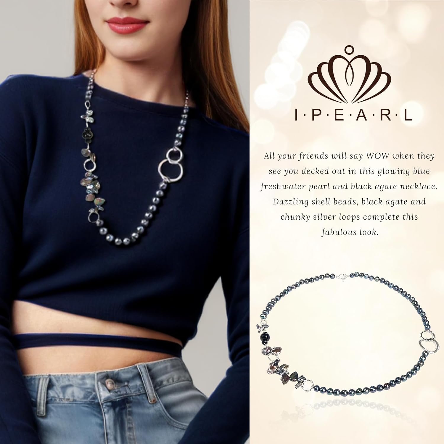 Handmade black agate and classic white freshwater pearl necklace. Textured silver loops and beads. 30" strand. Mothers Day - Gift for Mother, Wife, Anniversary Luxury Jewelry Gift - Image 3