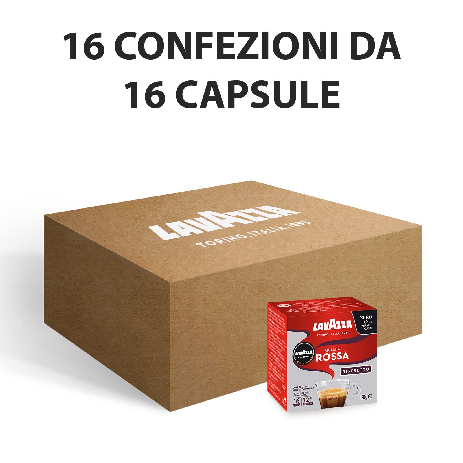 Lavazza, A Modo Mio Qualità Rossa Ristretto, 256 Kaffeekapseln, für einen Espresso mit Noten von Karamell, Arabica und Robusta, Intensität 12/13, schonend geröstet, 16 Packungen x 16 Kapseln