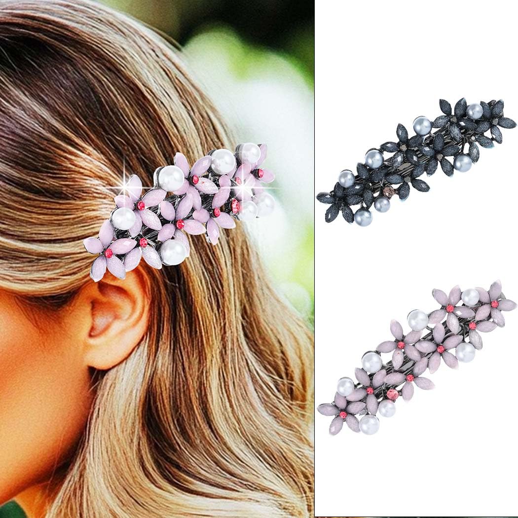 Jovono Flower Hair Clips Black Rhinestone Hair Barrettes Accessories for Women(2PCS) (Black+Pink)