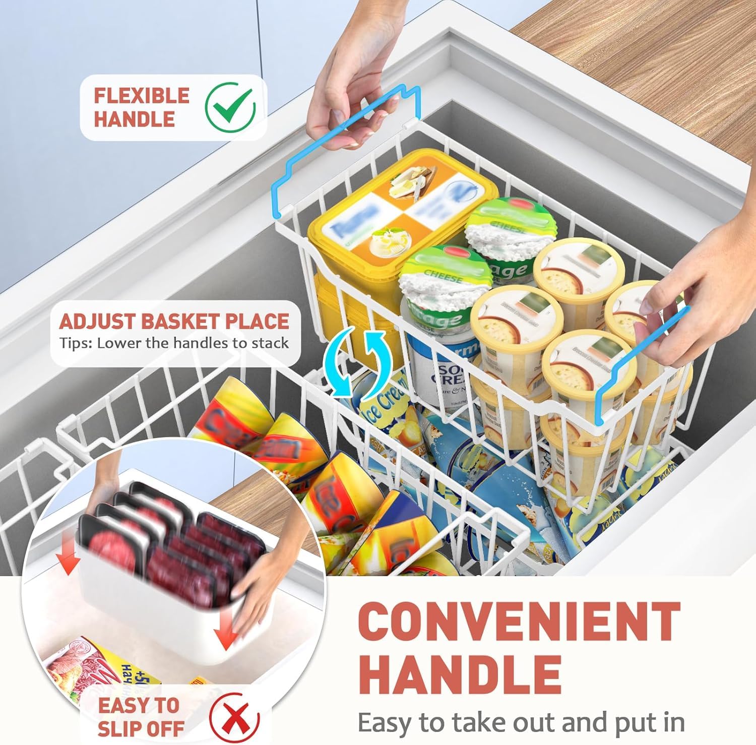 WELDUN Cestini per congelatore con manico pieghevole, confezione da 6 organizer impilabili per cassettiera piccola da 198 l, contenitori in metallo con spazio utilizzato, bianco