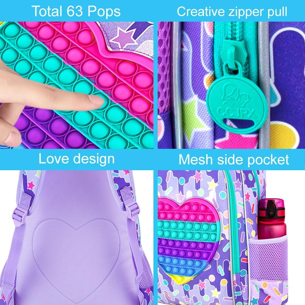 CCJPX 3PCS Backpack for Girls, 16”Kids Water Resistant Elementary Preschool Kindergarten School Bookbag with Lunch Box - Purple
