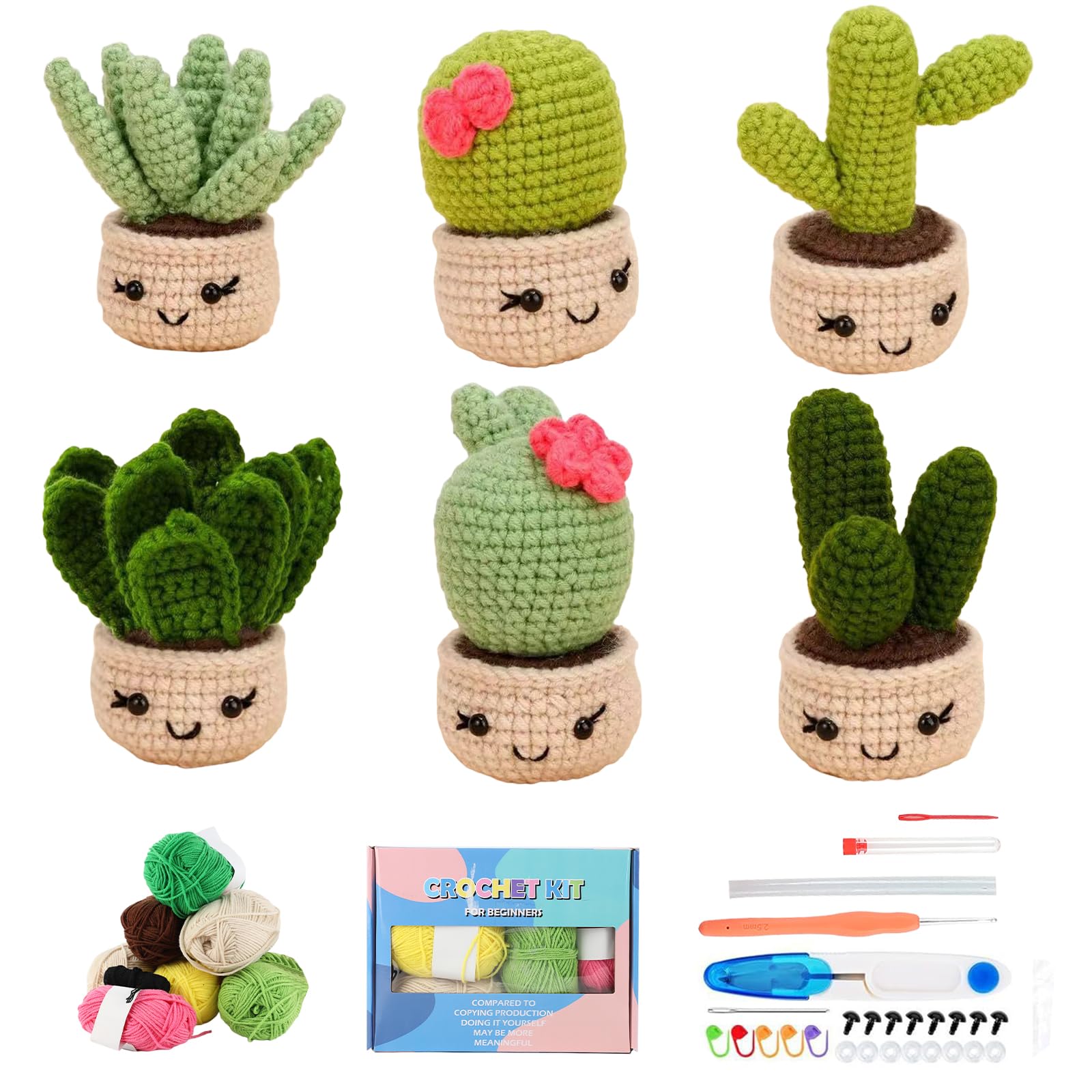 Mecmbj Crochet Kit for Beginners, 6 Pieces Handmade Plant Potted Crochet Starter Kit, with English Step-By-Step Video Tutorials, Instructions, DIY Knitting Supplies, Birthday Gift(Plant Potted)
