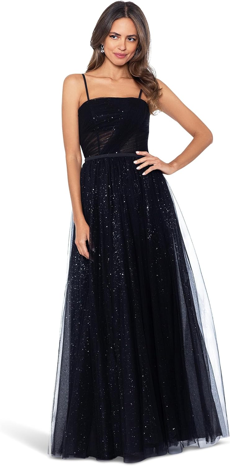 Betsy & Adam Long Glitter Mesh Ballgown Black 6