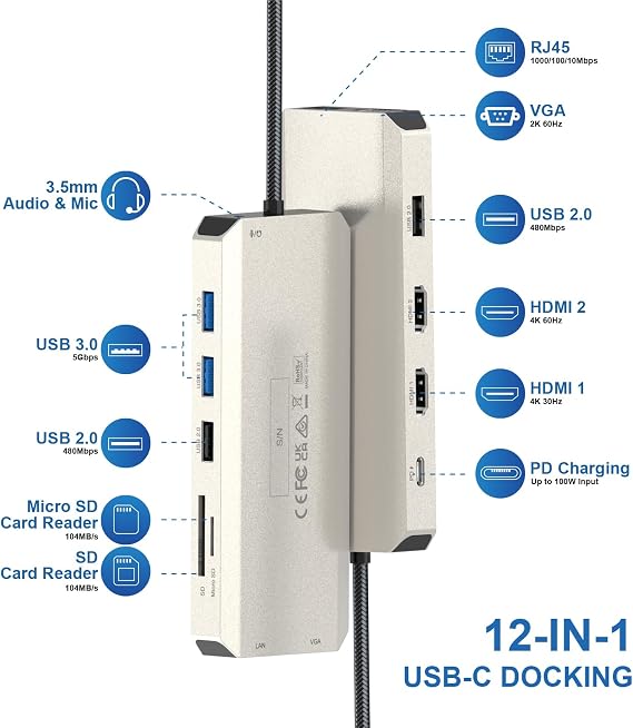 WAVLINK USB C Docking Station Dual Monitor for Dell HP Surface Lenovo Laptop, Triple Display USB-C Hub Multiport Adapter Dongle with 2 HDMI, VGA, Ethernet,100W PD, 5 USB, SD/TF Card Reader,Audio