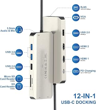 WAVLINK USB C Docking Station Dual Monitor for Dell HP Surface Lenovo Laptop, Triple Display USB-C Hub Multiport Adapter Dongle with 2 HDMI, VGA, Ethernet,100W PD, 5 USB, SD/TF Card Reader,Audio