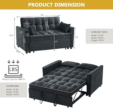 Futon Sofa Bed, 55 Small Loveseat Sleeper Sofa Comfy Velvet Pull Out Couch Bed with 3 Levels Adjustable Backrest and Side Pockets for Living Room, Bedroom, Apartment, Small Spaces | 3 In 1
