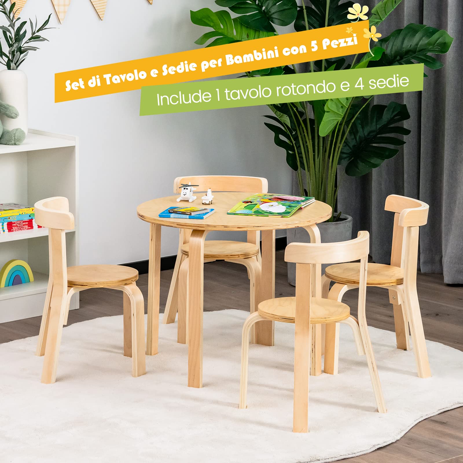 COSTWAY Set Tavolo e Sedie per Bambini, con Schienale Curvo in Legno, Tavolo Attività per Bambini con 4 Sedie, Capacità di Peso 25kg, 4+ Anni (naturale)