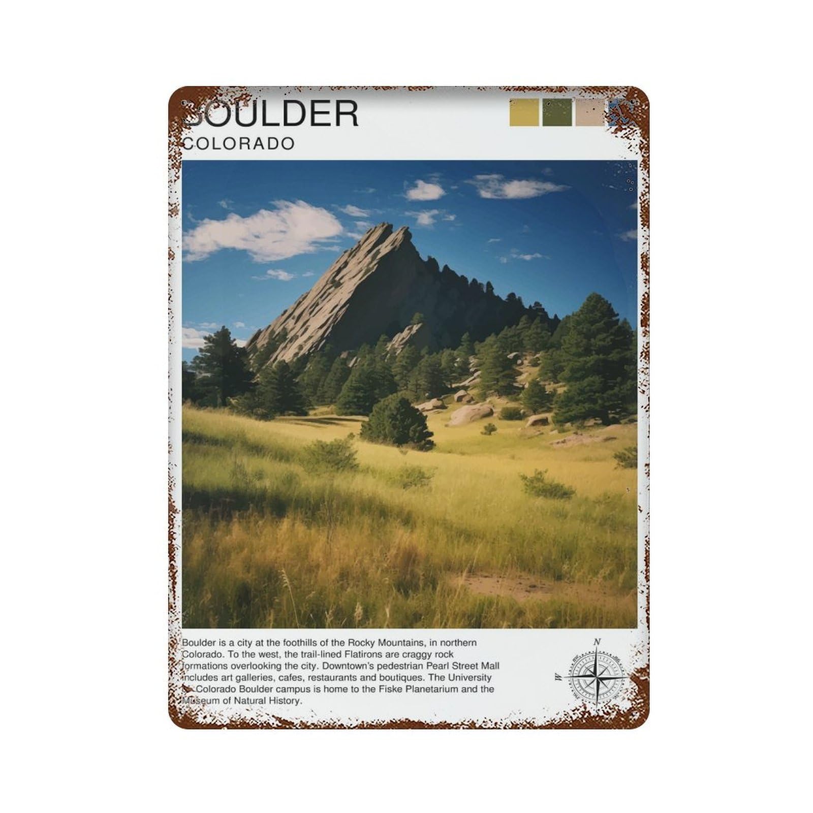 xiaoxiaoshen Boulder Colorado Travel Rocky Mountain Illustrati Wall Decor Art Metal Tin Poster Modern Home Decor Art Home Bar Shop Decorations Vintage Sign 40x30cm
