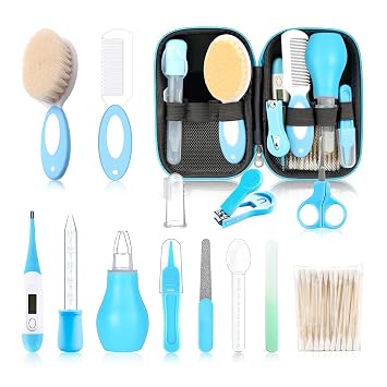 Baby Grooming Kit,Infant Safety Care Setwith Hair Brush Comb Nail Clipper Nasal Aspirator, Baby Essentials Kit for Newborn Girls Boys 14 PC-Blue Kit