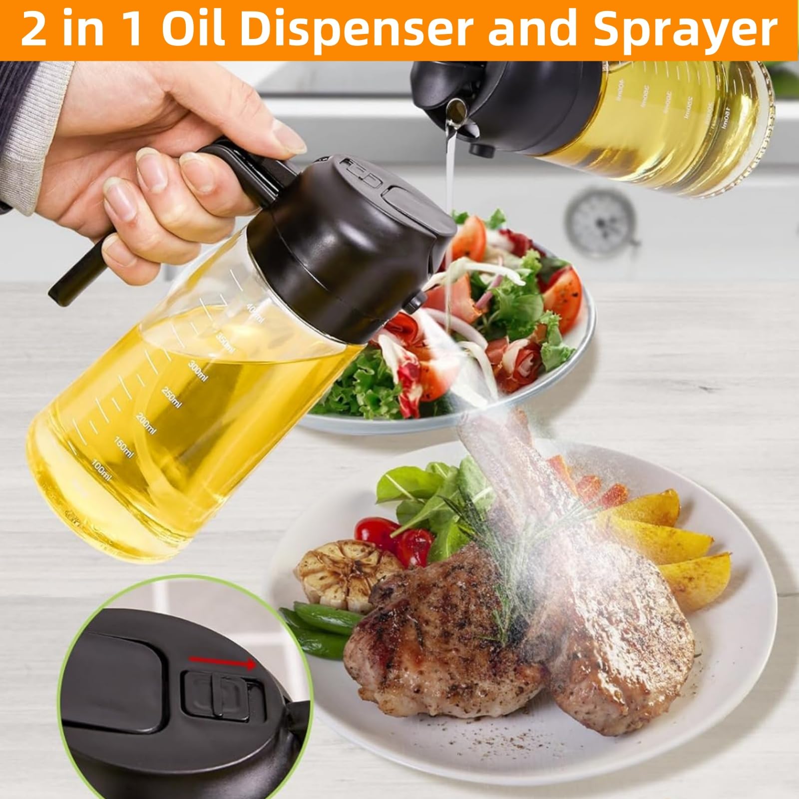 Lychico Botella Dispensadora De Aceite 470 Ml – 2 En 1: Vierte Y Rocía – Spray De Grado Alimenticio – Sin BPA
