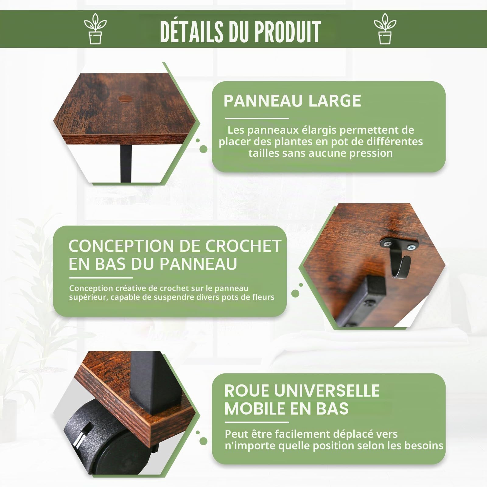 Support Plantes Interieur avec Roulettes, Porte Plante Intérieur Avec lampes de croissance, pour jardin, balcon, bureau