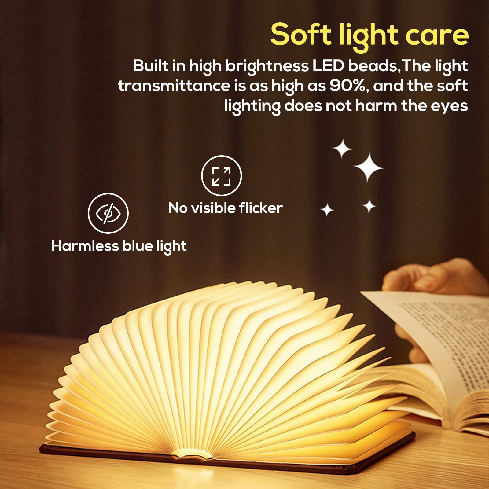 Lampada da libro pieghevole in legno, lampada da libro pieghevole a 360°, lampada da libro in legno con 3 colori, pieghevole Magnetiche per libri USB, ricaricabile a batteria, per camera da letto e