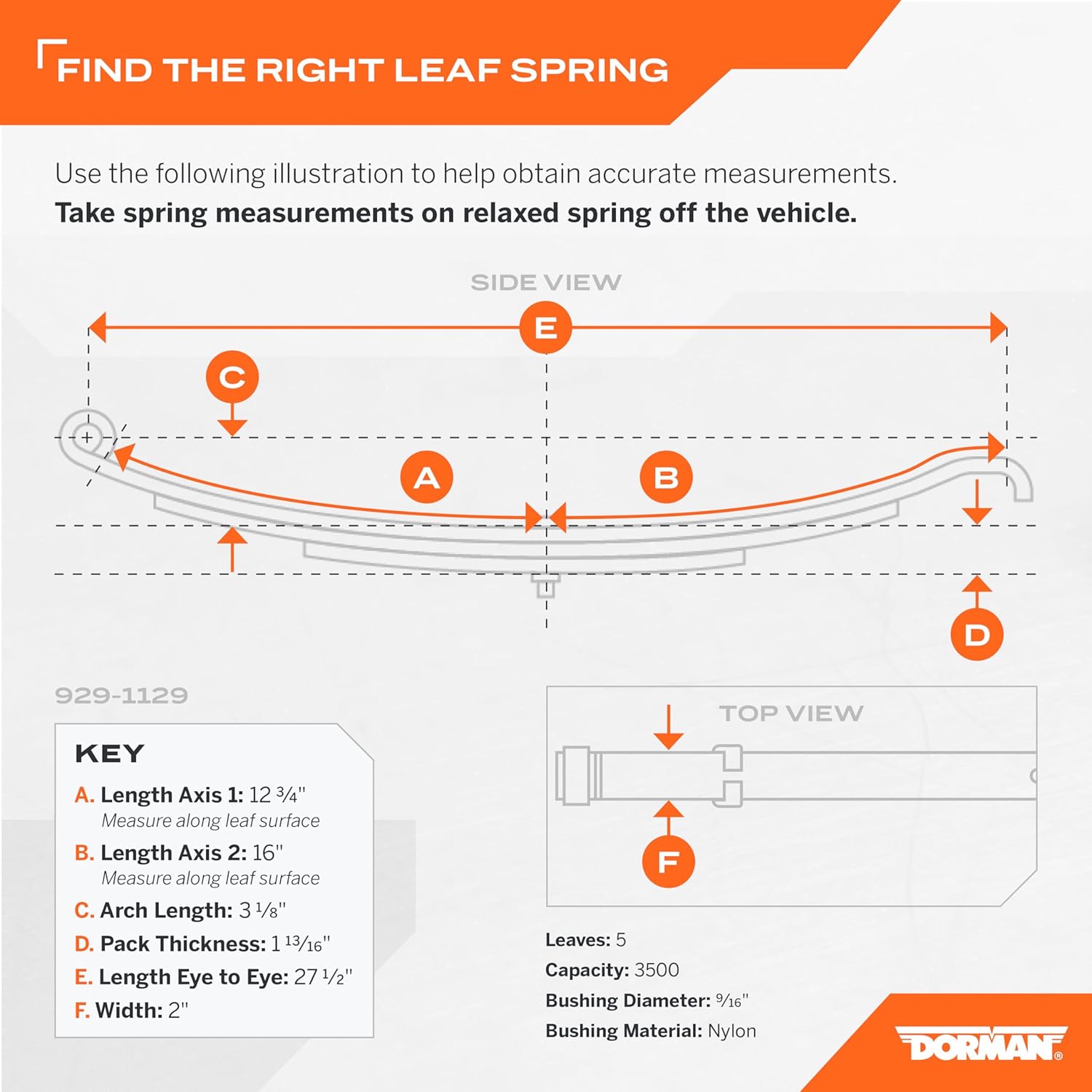 Dorman 929-1129 Utility Trailer Leaf Spring, Eye/Slipper:Hook, 2" Width, 27 1/2" Length, 2 3/4" Arch, 5 Leaf, 3500lb Capacity