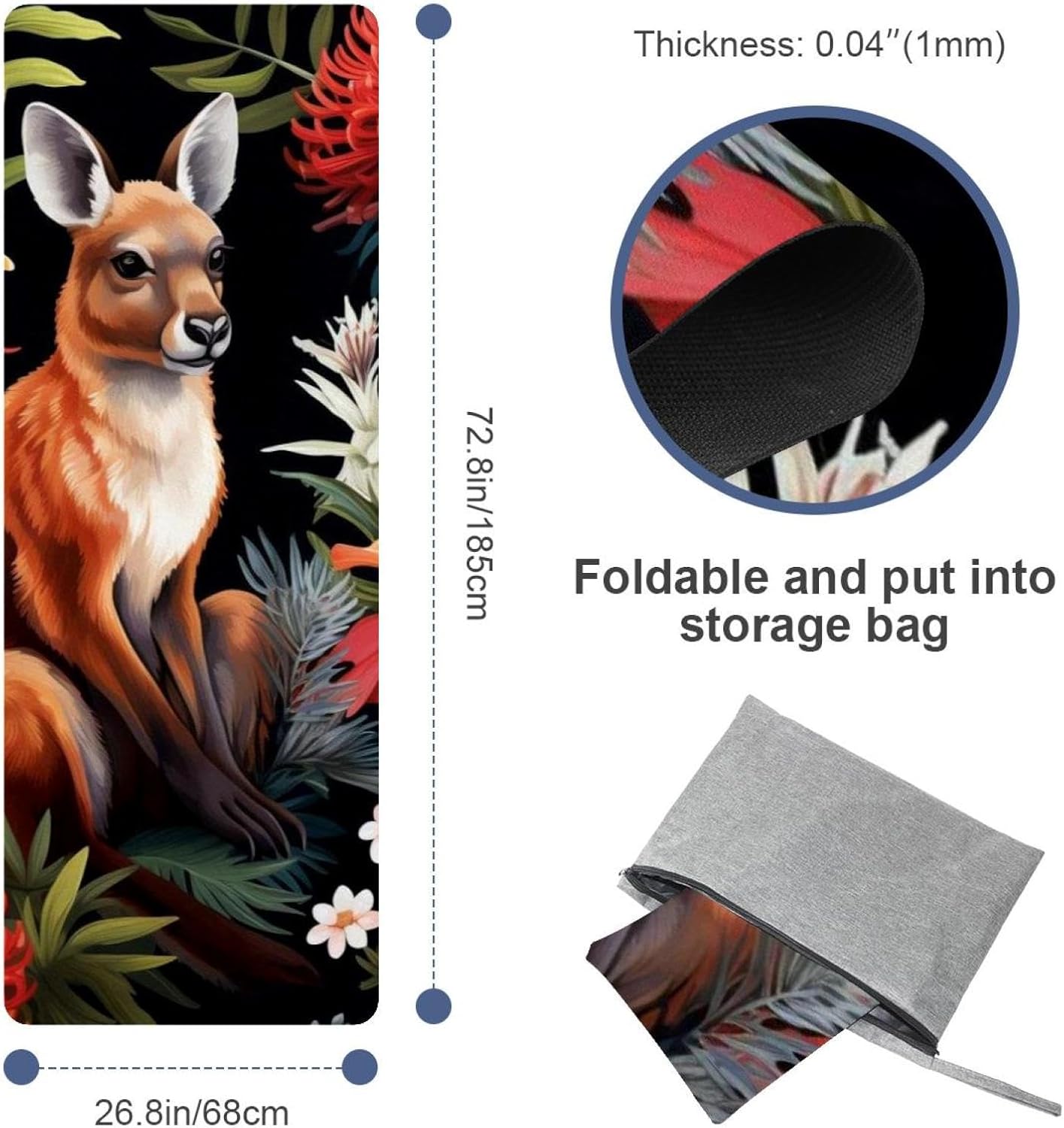 Yoga Towel, Kangaroo Pattern Non Slip Sweat Absorbent Hot Yoga Mat Towel for Hot Yoga, Pilates and Fitness - 72.8" x 26.8"