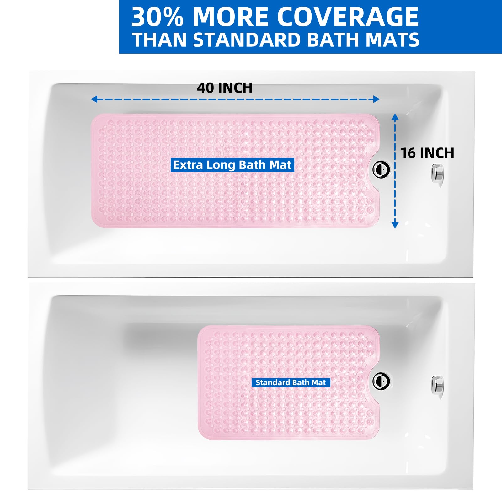 MOONFLY Tapete de ducha y bañera, 40 x 16 pulgadas, extra largo, antideslizante, con ventosas y agujeros de drenaje, lavable a máquina y antideslizante, tapetes de baño antideslizantes para bañera